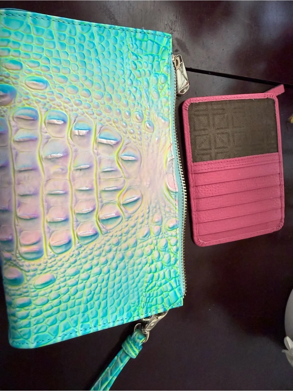 Brahmin Iridescent Mint Croc-Embossed Cosmetic Case